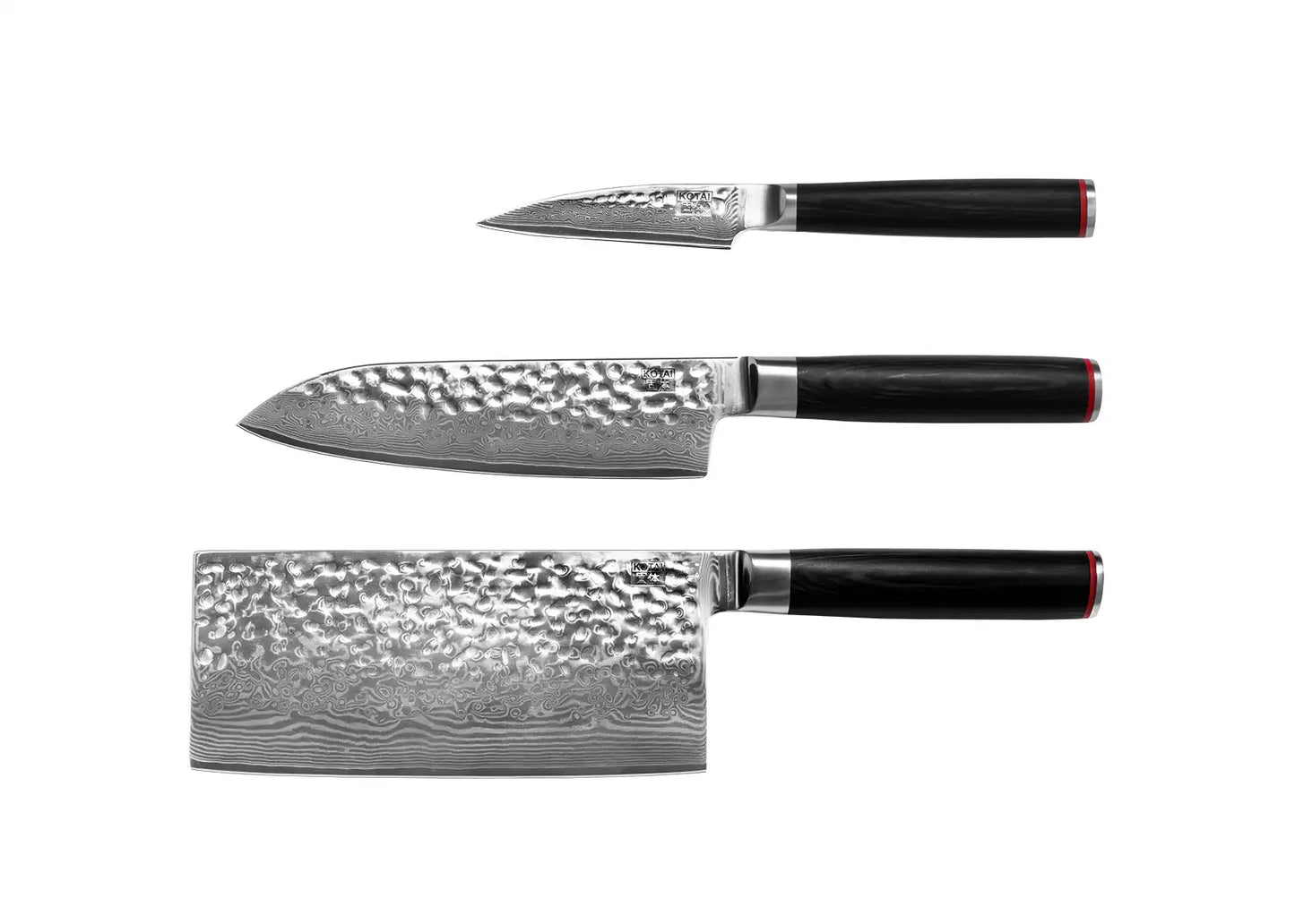 3-Piece Asian Pakka Damascus knife set with patterned AUS-10 blades and pakkawood handles.