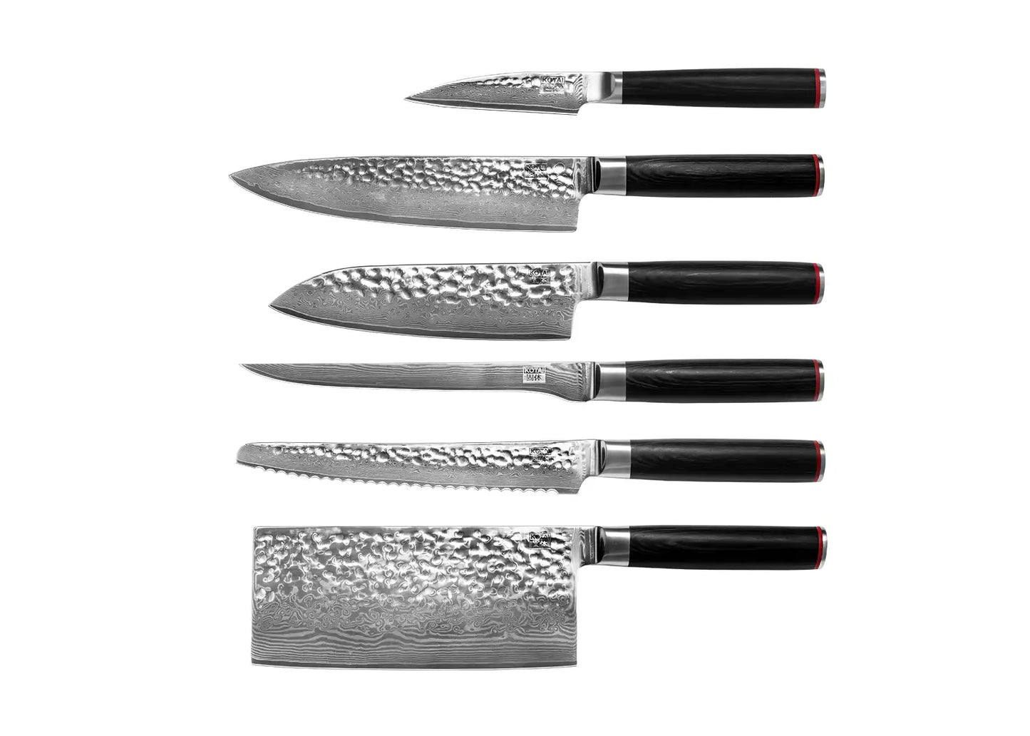6-Piece Complete Pakka Damascus knife set with patterned AUS-10 blades and pakkawood handles.