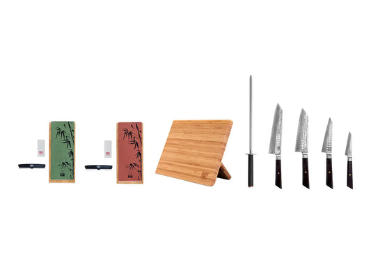 8-Piece Bunka Damascus knife set with patterned AUS-10 steel blades and ebony handles.