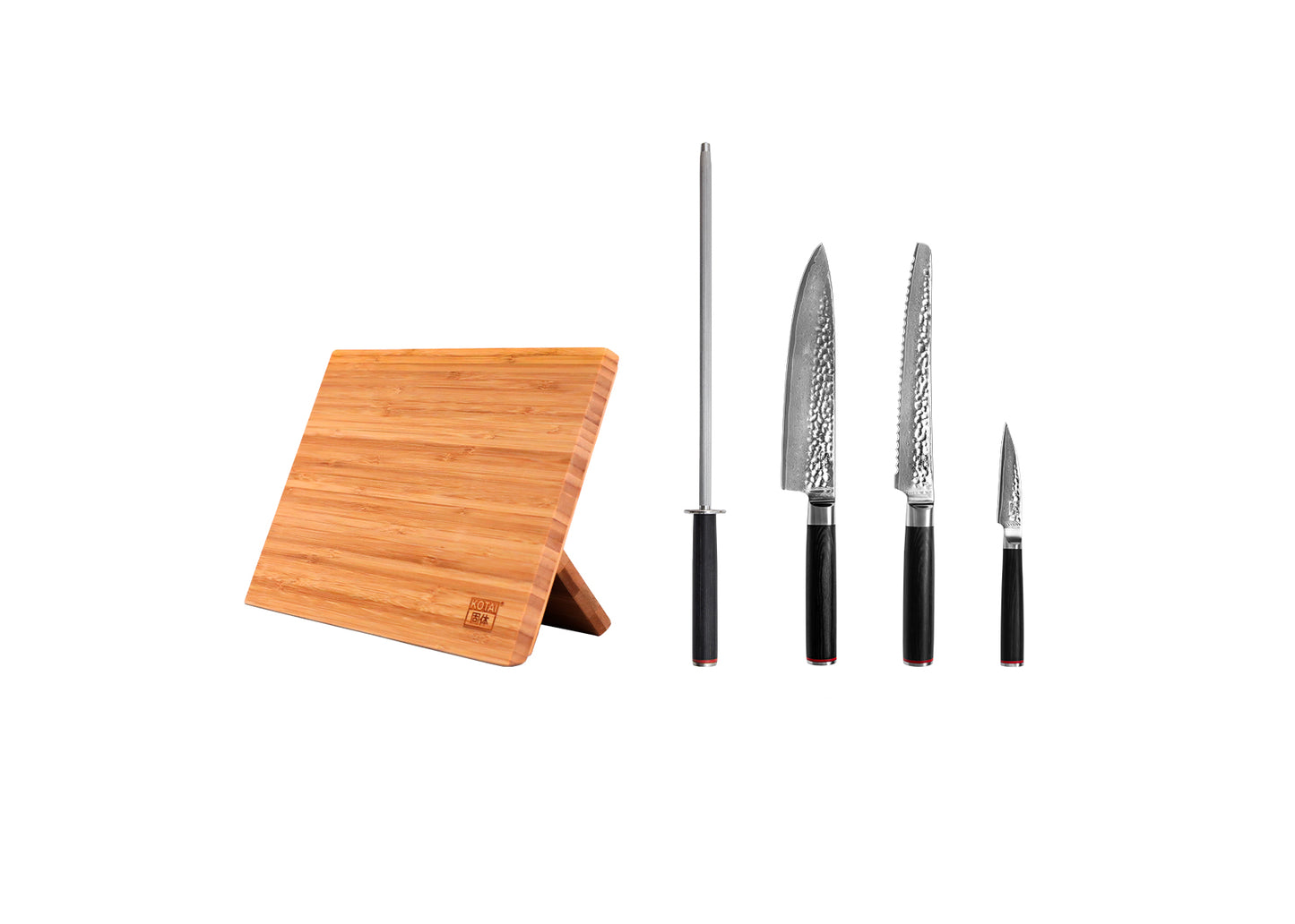 5-Piece Essential Pakka Damascus knife set with patterned AUS-10 blades and pakkawood handles.