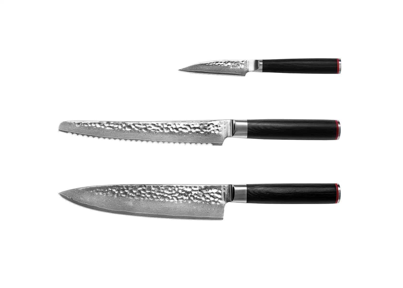 3-Piece Essential Pakka Damascus knife set with patterned AUS-10 blades and pakkawood handles.