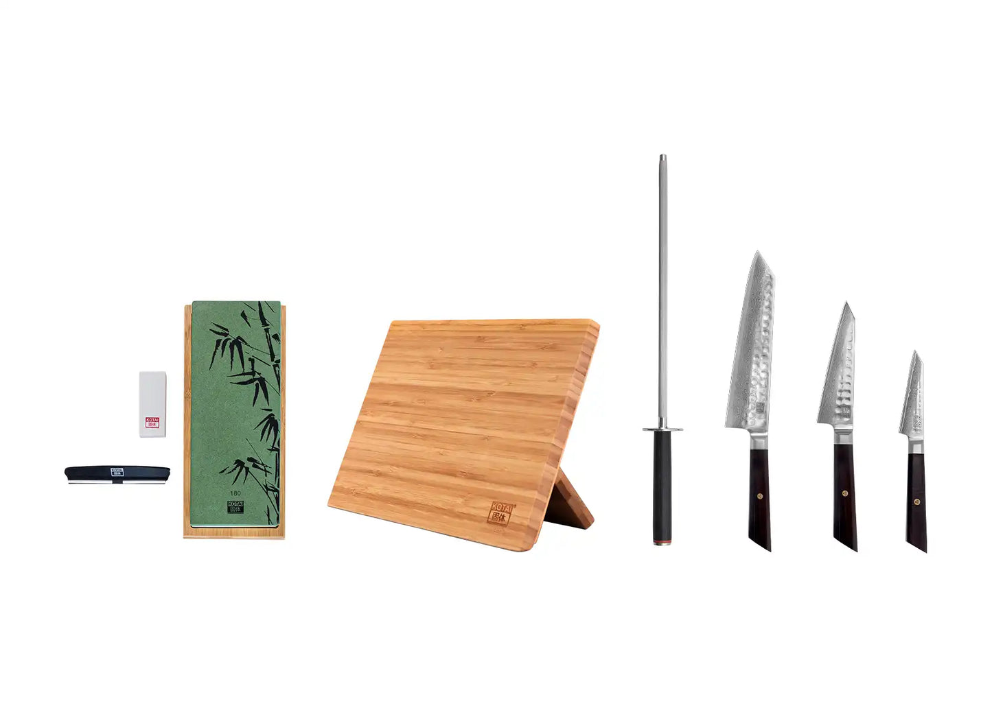 6-Piece Essential Bunka Damascus knife set with patterned AUS-10 steel blades and ebony handles.