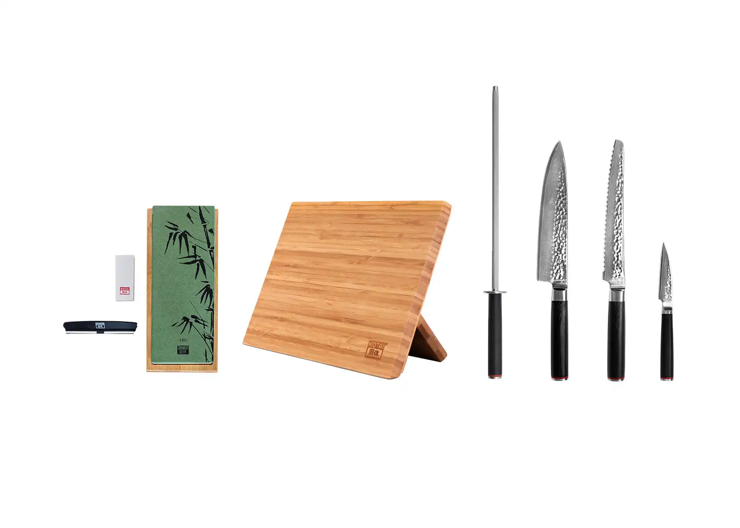 6-Piece Essential Pakka Damascus knife set with patterned AUS-10 blades and pakkawood handles.