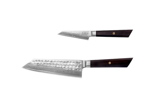 2-Piece Starter Bunka Damascus knife set with patterned AUS-10 steel blades and ebony handles.