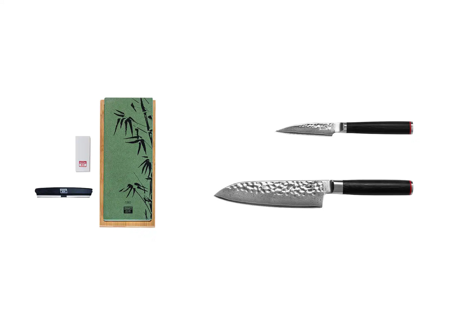 3-Piece Starter Pakka Damascus knife set with patterned AUS-10 blades and pakkawood handles.
