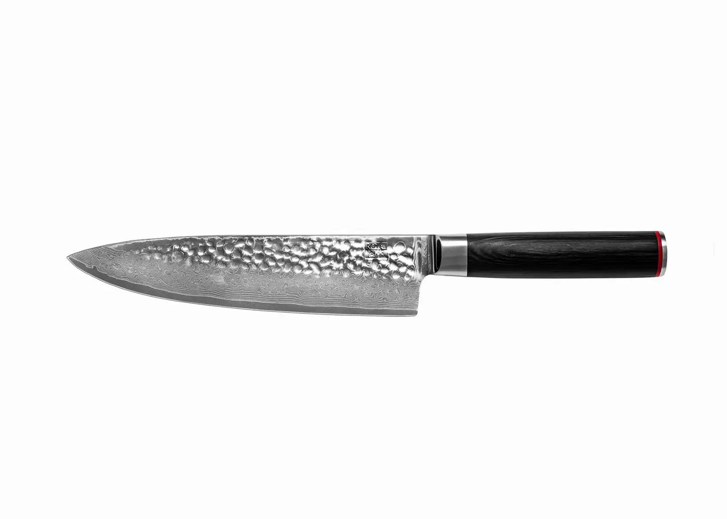 20 cm Gyuto chef knife with AUS-10 Damascus blade and pakkawood handle.
