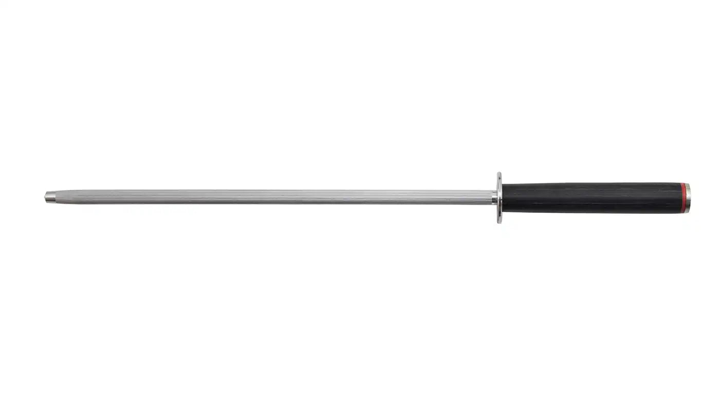25 cm stainless steel honing rod with black pakkawood accent.