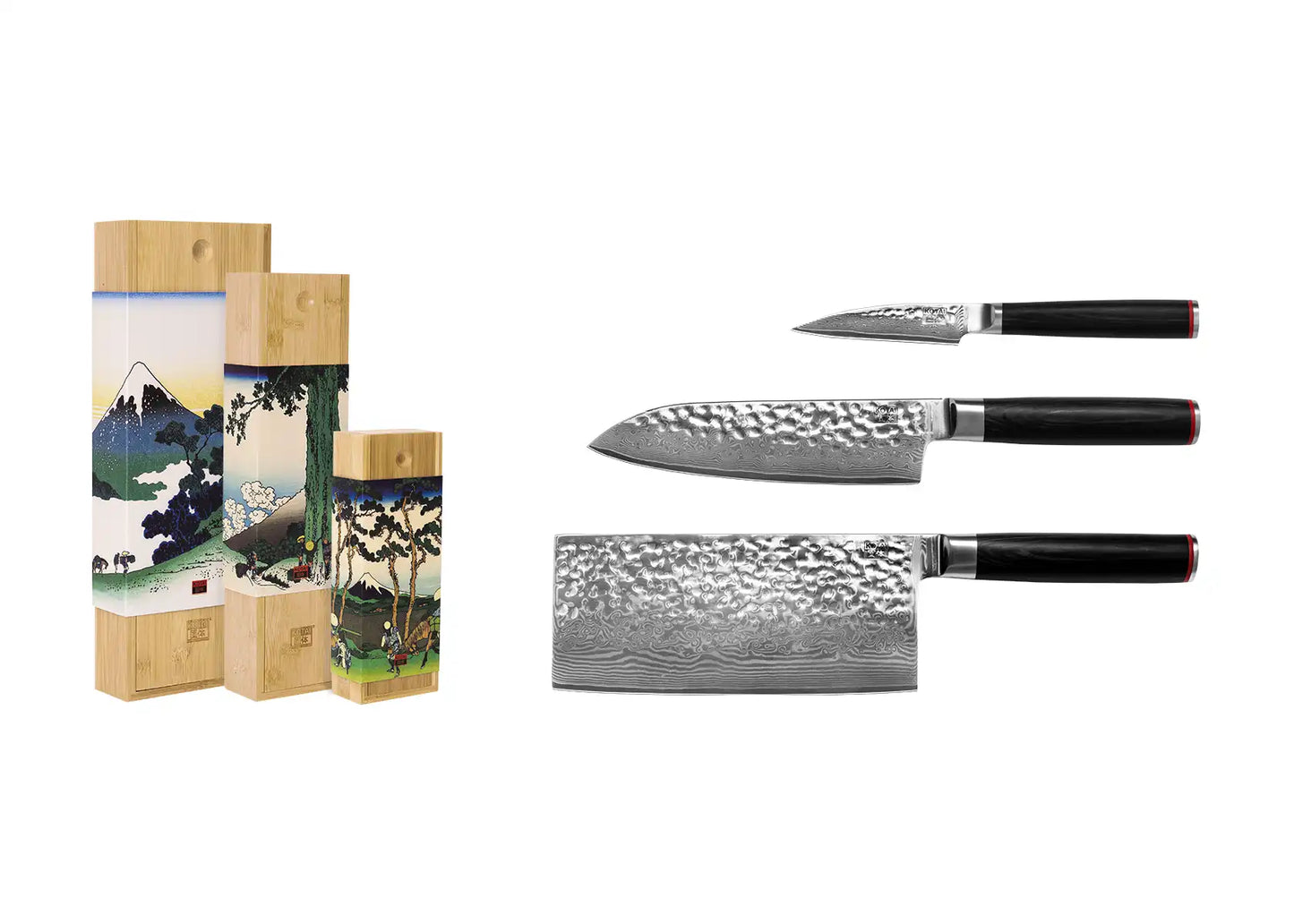 3-Piece Asian Pakka Damascus knife set with patterned AUS-10 blades and pakkawood handles.