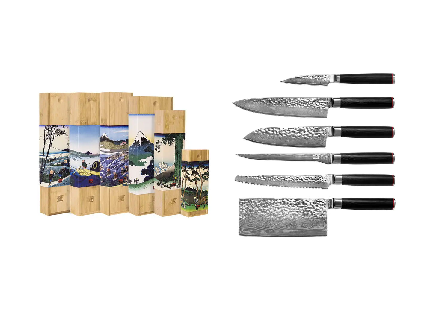 6-Piece Complete Pakka Damascus knife set with patterned AUS-10 blades and pakkawood handles.