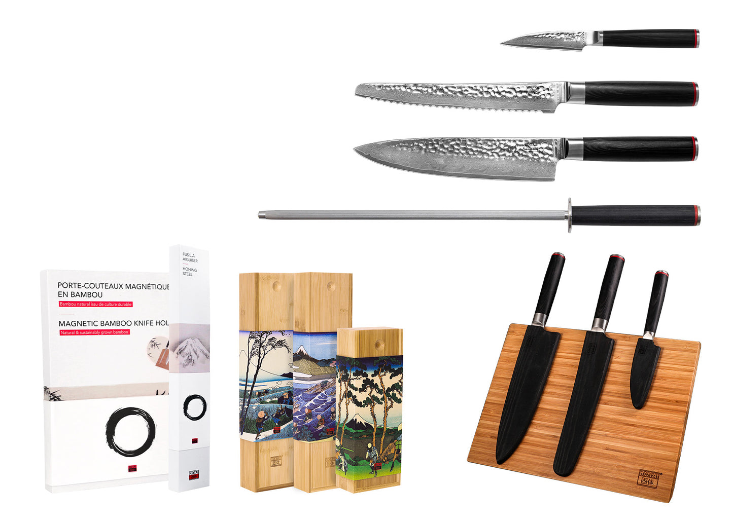 5-Piece Essential Pakka Damascus knife set with patterned AUS-10 blades and pakkawood handles.