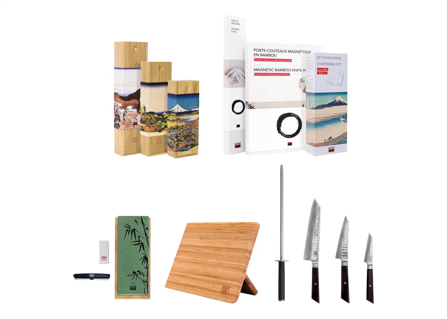 6-Piece Essential Bunka Damascus knife set with patterned AUS-10 steel blades and ebony handles.