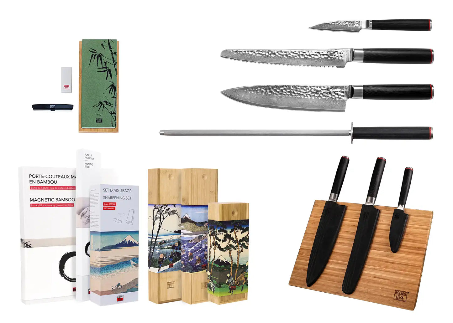 6-Piece Essential Pakka Damascus knife set with patterned AUS-10 blades and pakkawood handles.