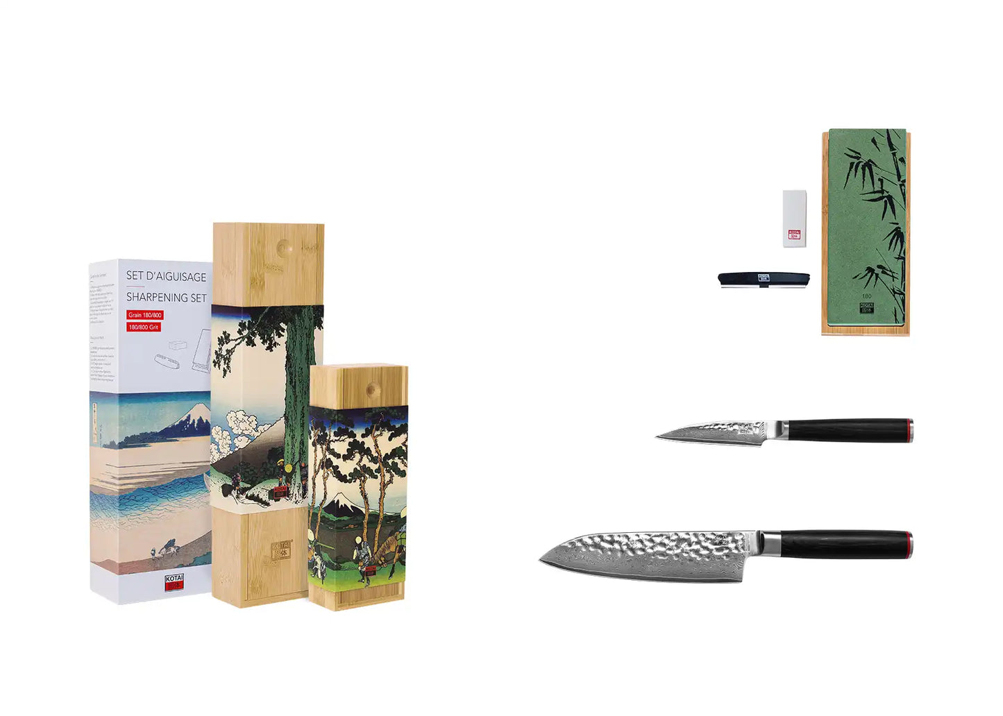 3-Piece Starter Pakka Damascus knife set with patterned AUS-10 blades and pakkawood handles.