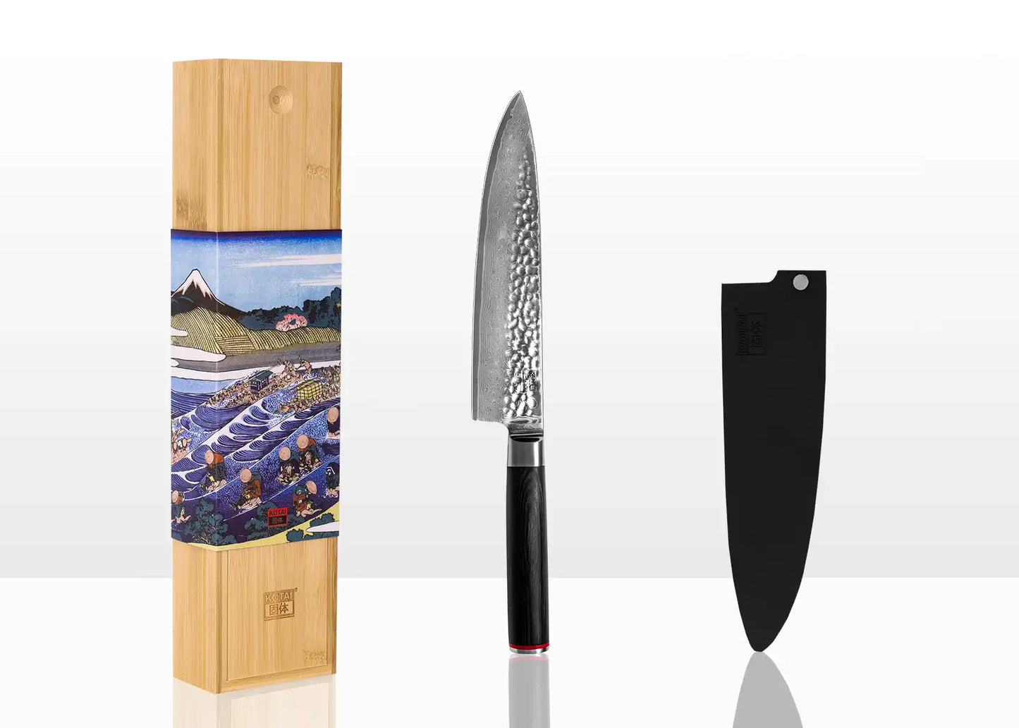 20 cm Gyuto chef knife with AUS-10 Damascus blade and pakkawood handle.