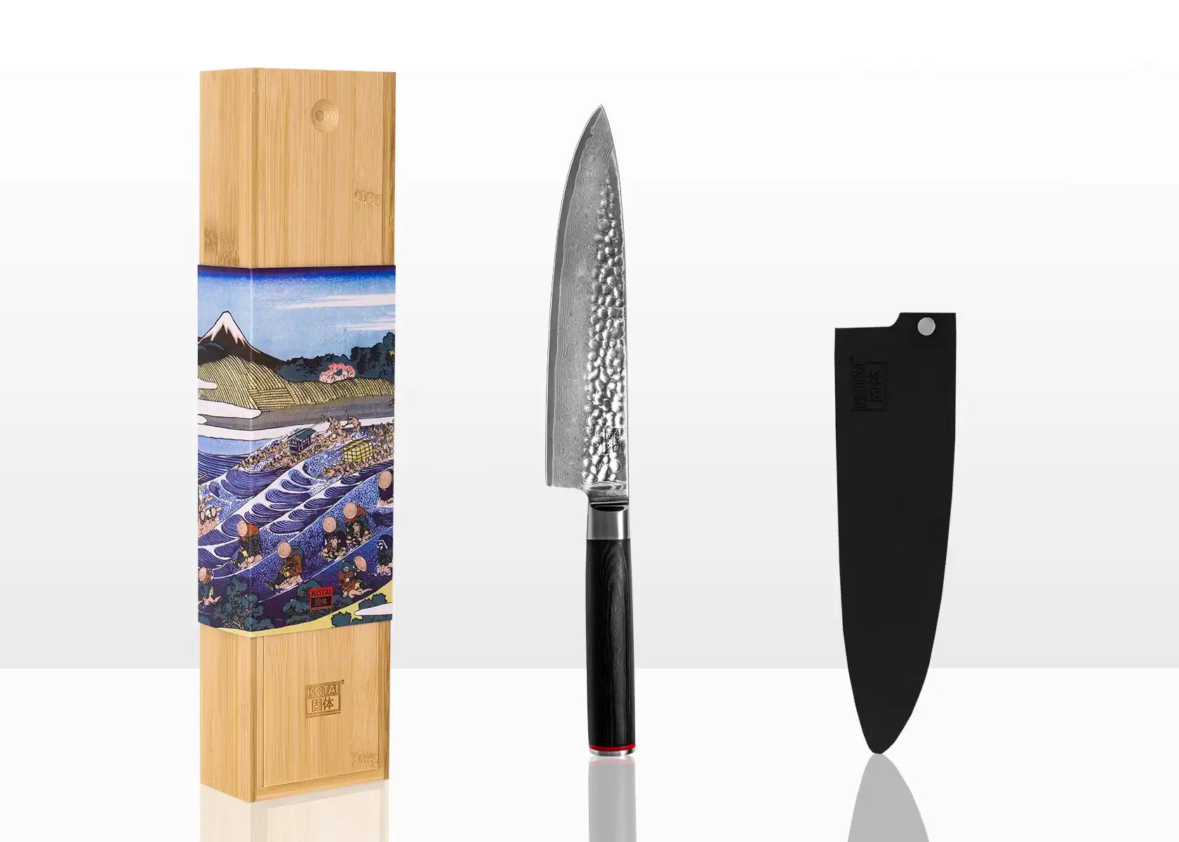 20 cm Gyuto chef knife with AUS-10 Damascus blade and pakkawood handle.