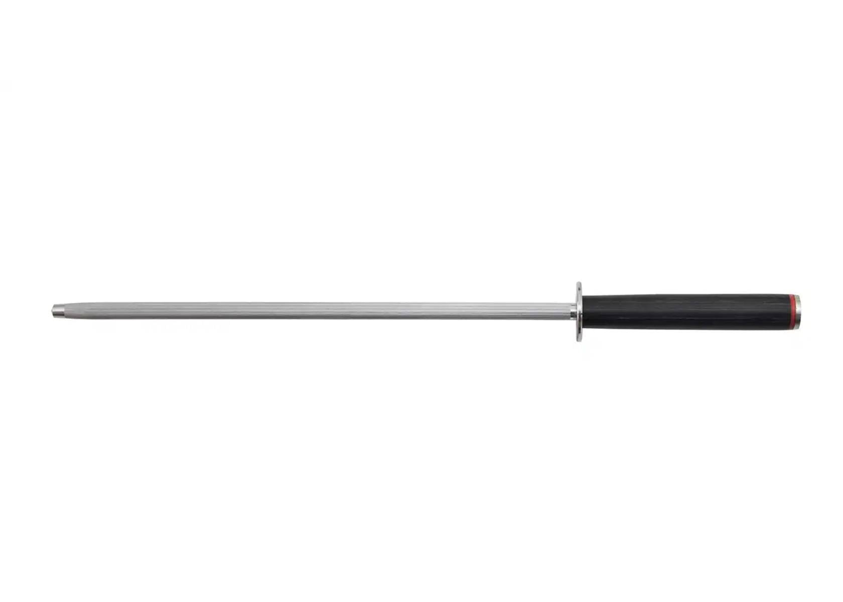 25 cm stainless steel honing rod with black pakkawood accent.