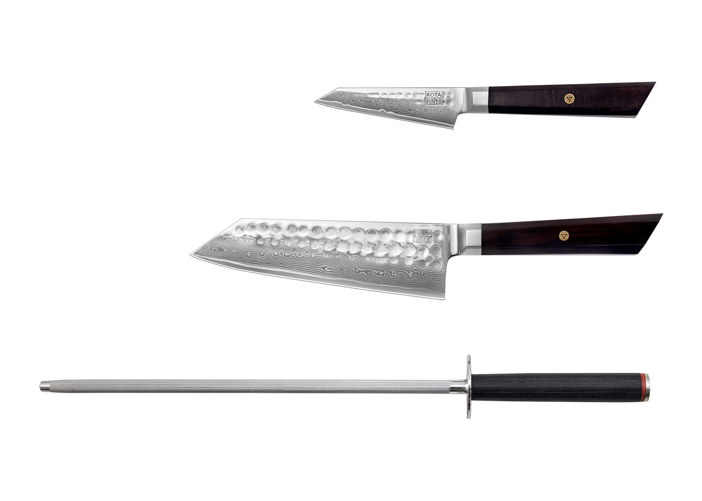 3-Piece Starter Bunka Damascus knife set with patterned AUS-10 steel blades and ebony handles.