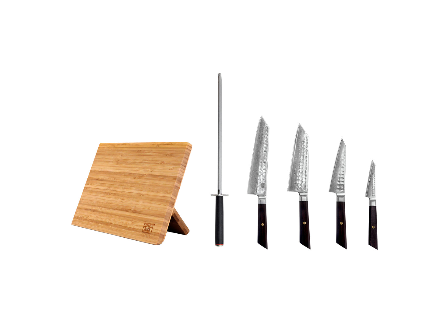 6-Piece Complete Bunka Damascus knife set with patterned AUS-10 steel blades and ebony handles.