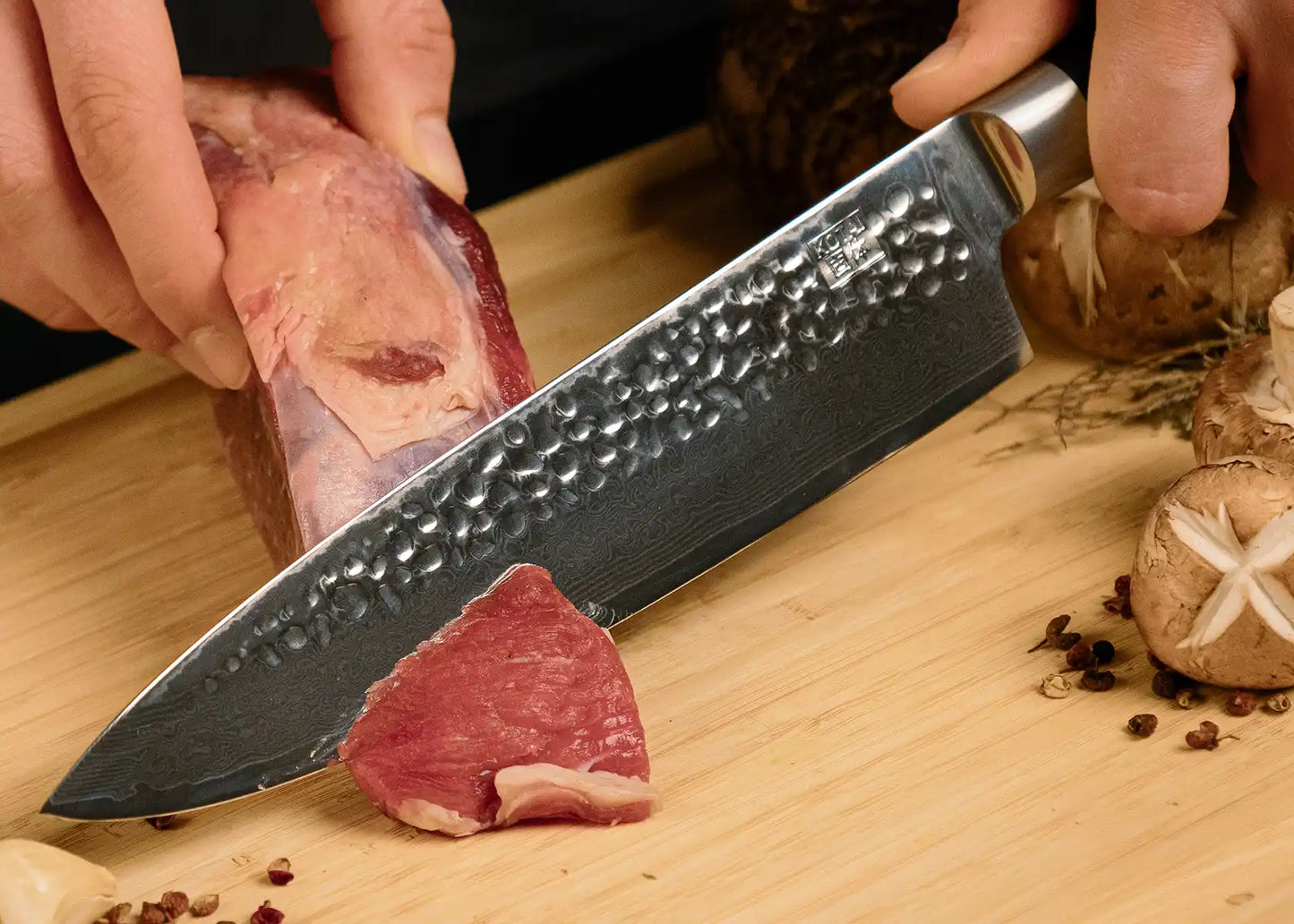 10-Piece Complete Pakka Damascus knife set with patterned AUS-10 blades and pakkawood handles.