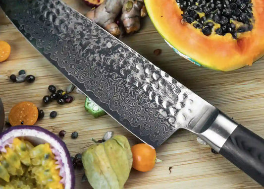 3-Piece Starter Pakka Damascus knife set with patterned AUS-10 blades and pakkawood handles.