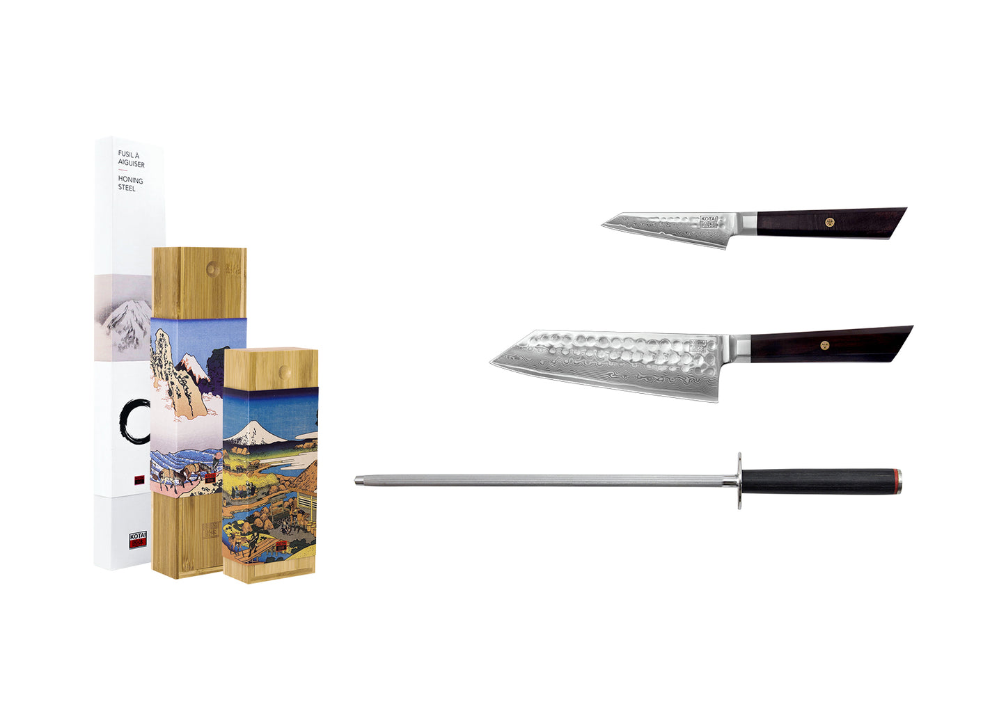 3-Piece Starter Bunka Damascus knife set with patterned AUS-10 steel blades and ebony handles.