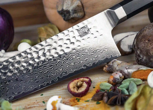 6-Piece Complete Bunka Damascus knife set with patterned AUS-10 steel blades and ebony handles.