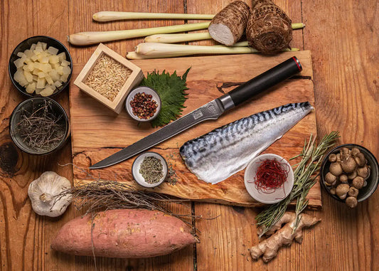 20 cm Flexible Fillet knife made of 440C steel with pakkawood handle.