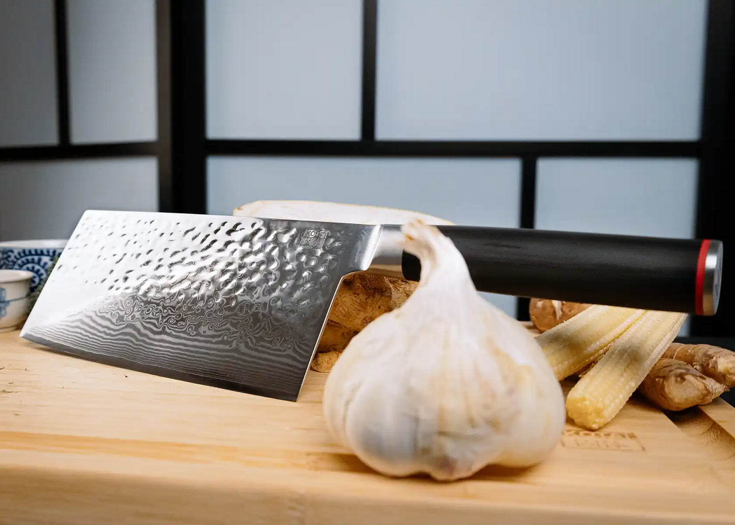 3-Piece Asian Pakka Damascus knife set with patterned AUS-10 blades and pakkawood handles.