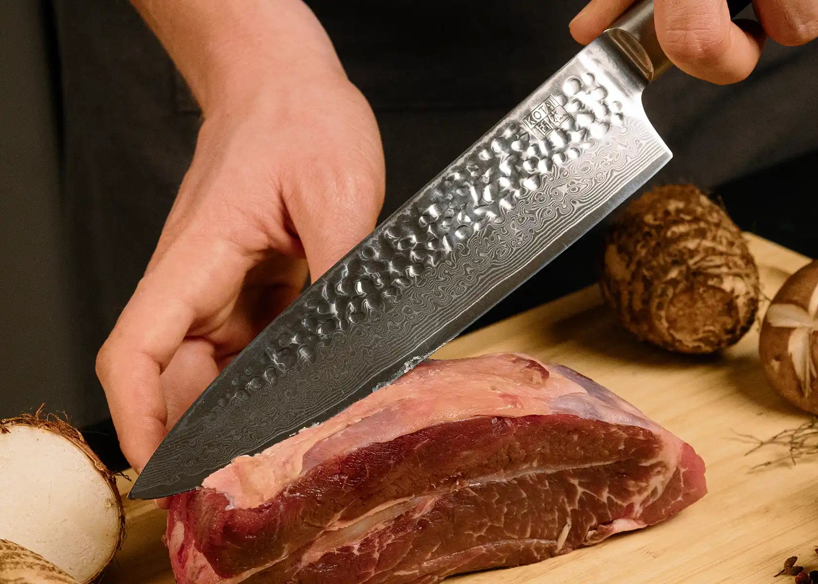 3-Piece Essential Pakka Damascus knife set with patterned AUS-10 blades and pakkawood handles.