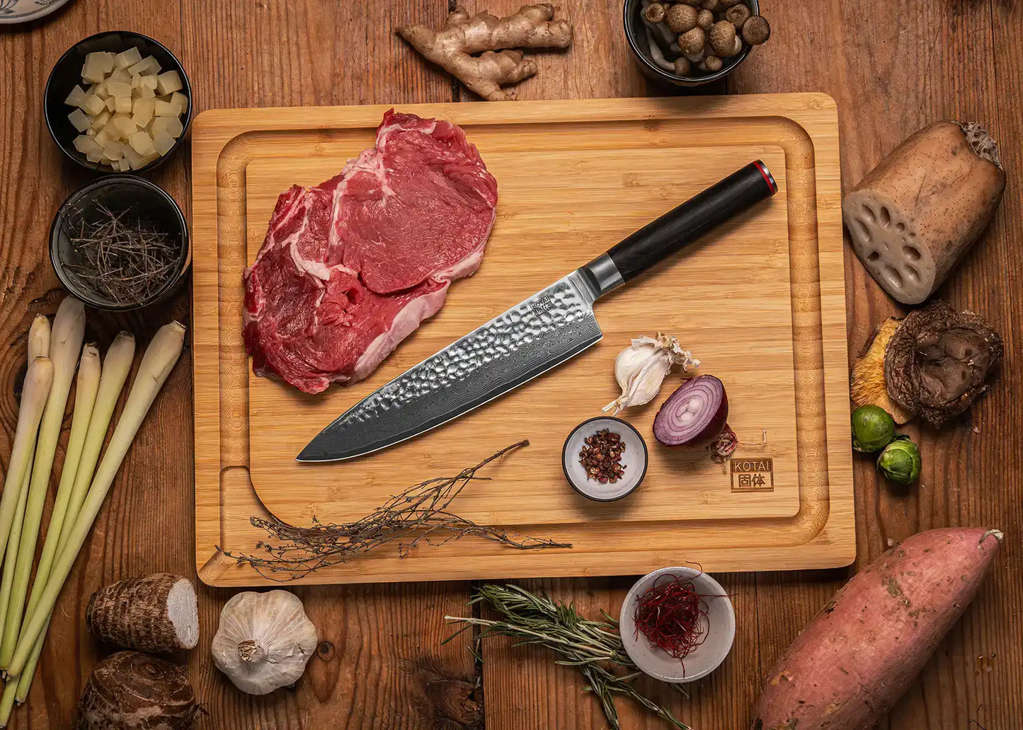 20 cm Gyuto chef knife with AUS-10 Damascus blade and pakkawood handle.