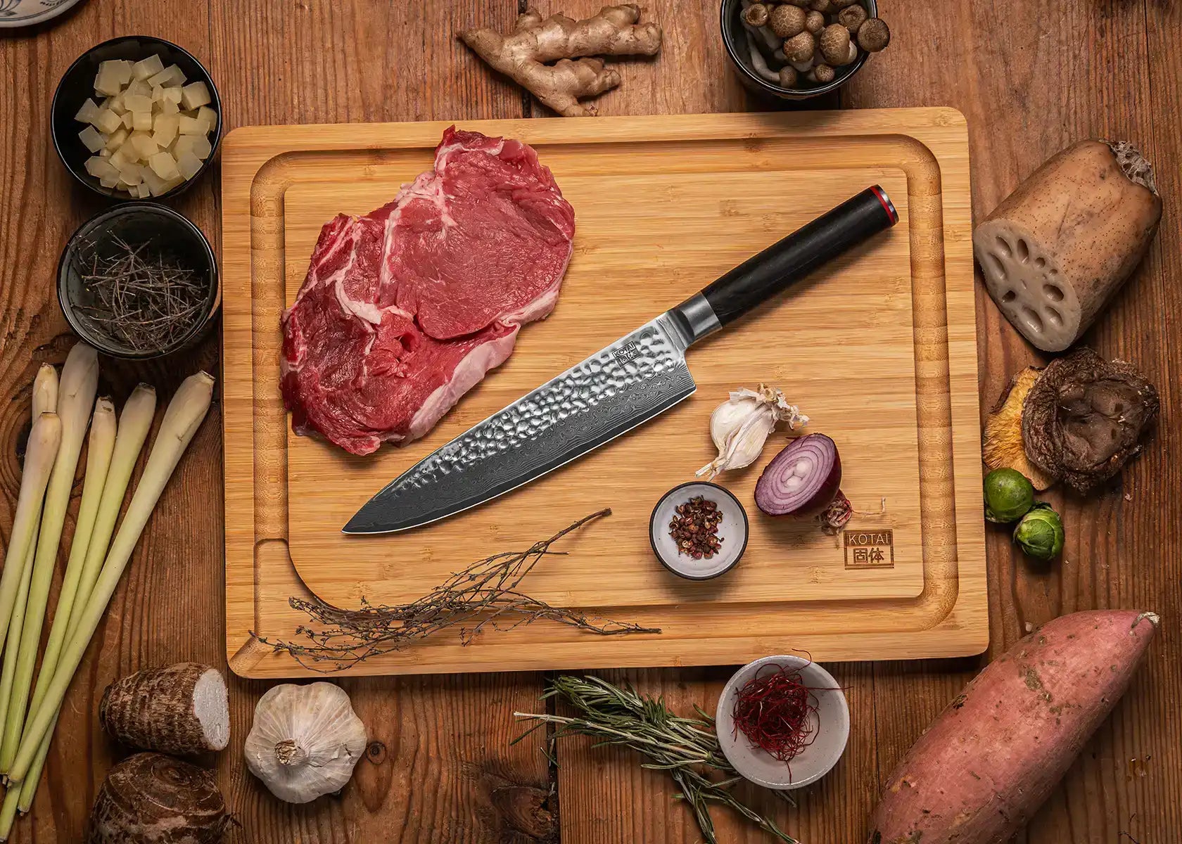 20 cm Gyuto chef knife with AUS-10 Damascus blade and pakkawood handle.