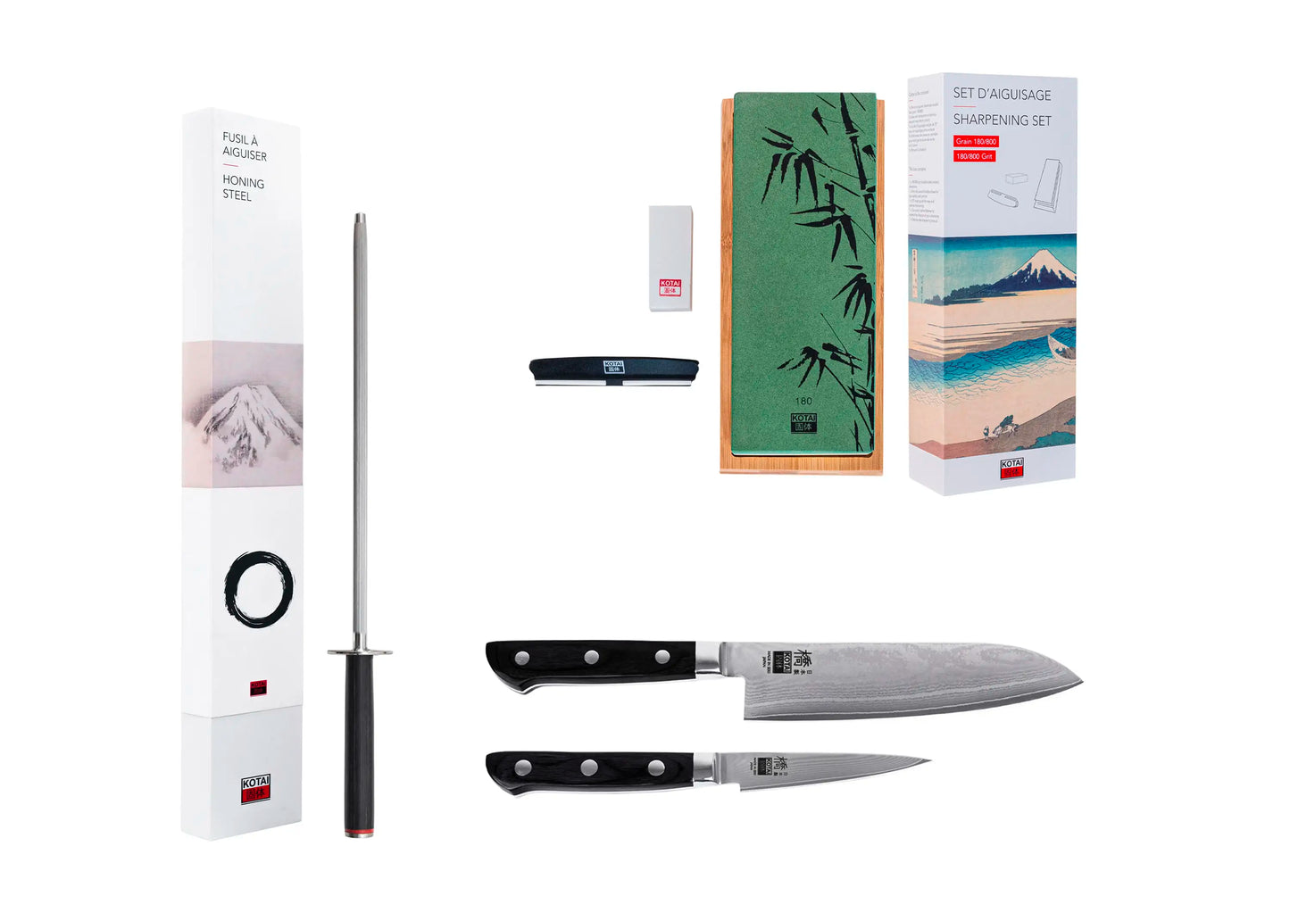 2-Piece Hashi Damascus knife collection with layered MVS10Cob steel blades.