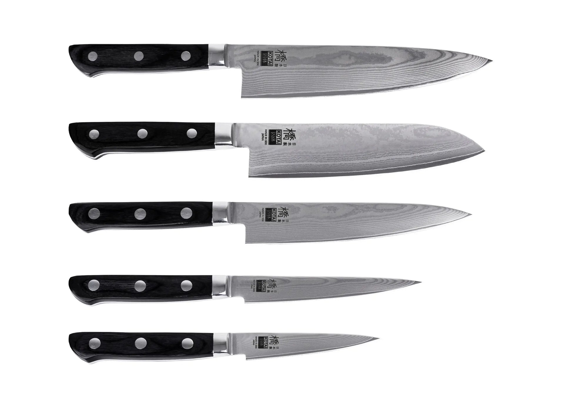 5-Piece Hashi Damascus knife collection with layered MVS10Cob steel blades.