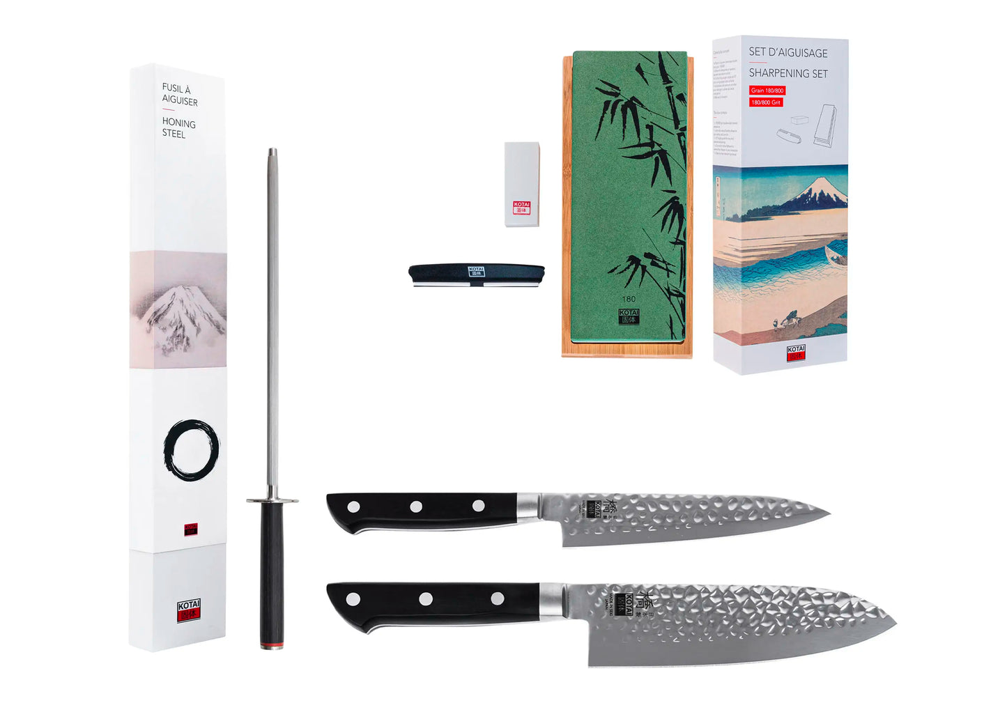 4-Piece Hashi Tsuchime knife collection with hammered stainless blades and ABS handles.