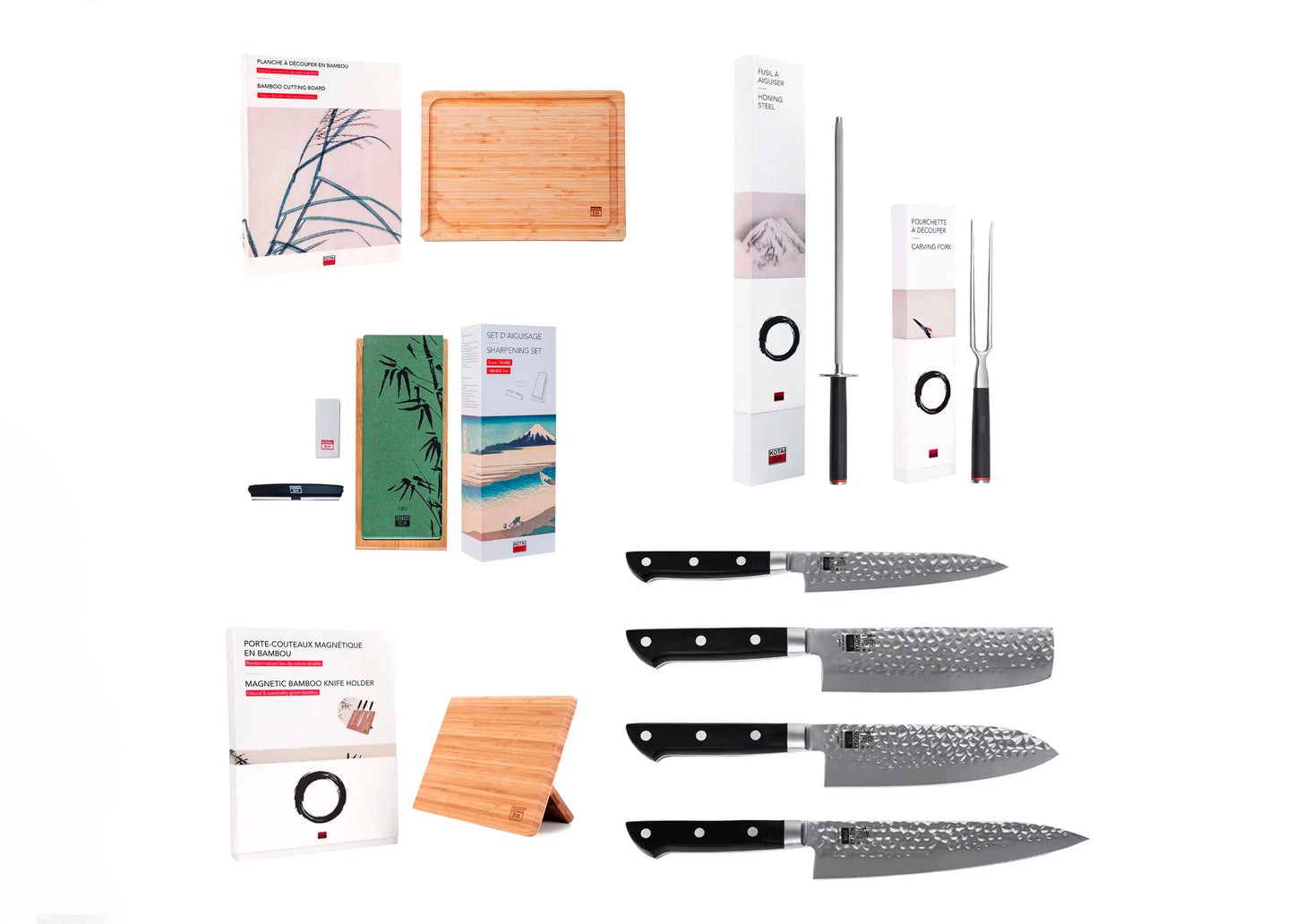 Full Hashi Tsuchime knife collection with hammered stainless blades and ABS handles.