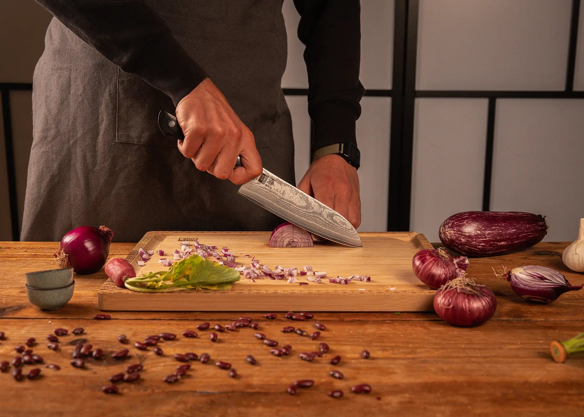 Full Hashi Damascus knife collection with layered MVS10Cob steel blades.