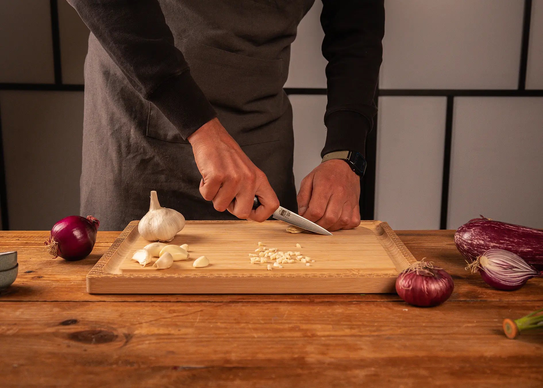 5-Piece Hashi Damascus knife collection with layered MVS10Cob steel blades.