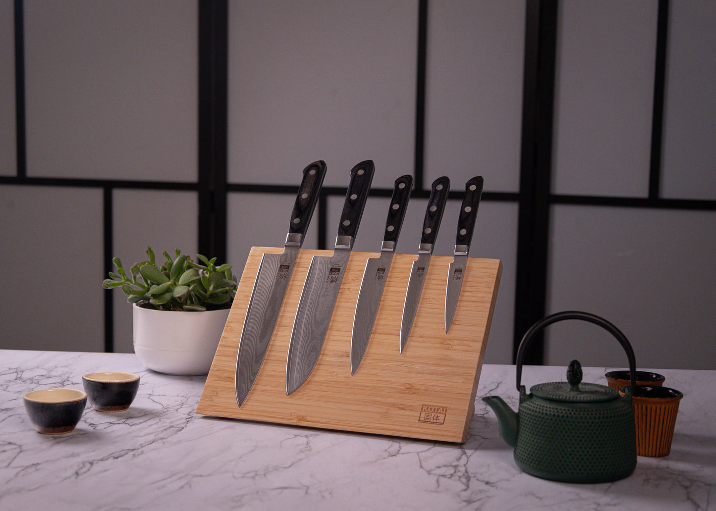 5-Piece Hashi Damascus knife collection with layered MVS10Cob steel blades.
