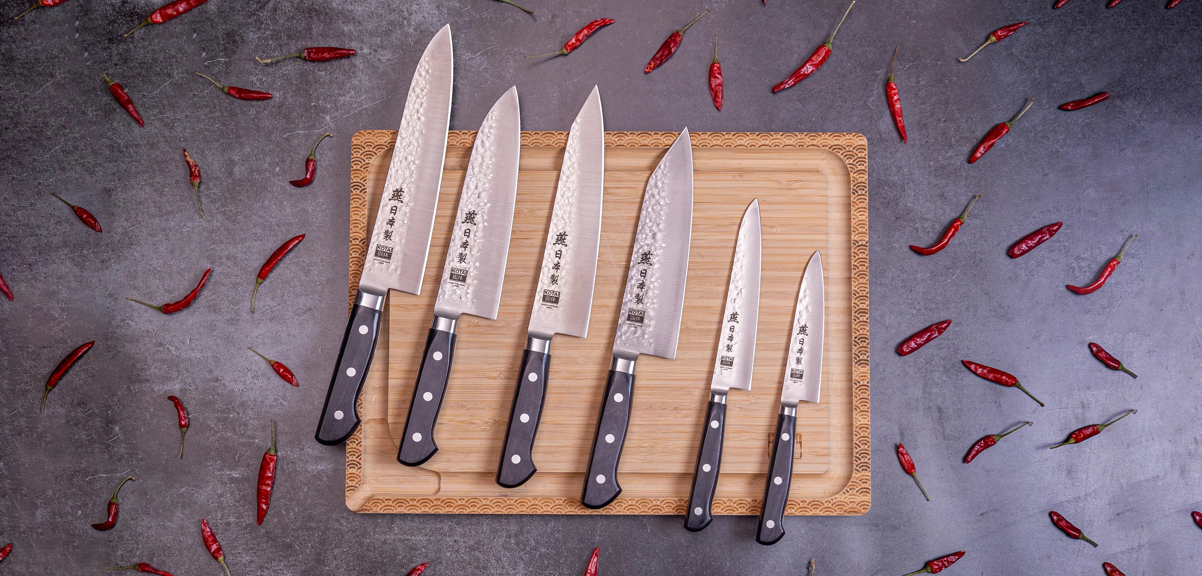 Complete Hashi Tsuchime collection — stainless steel blades with hand-hammered finish.