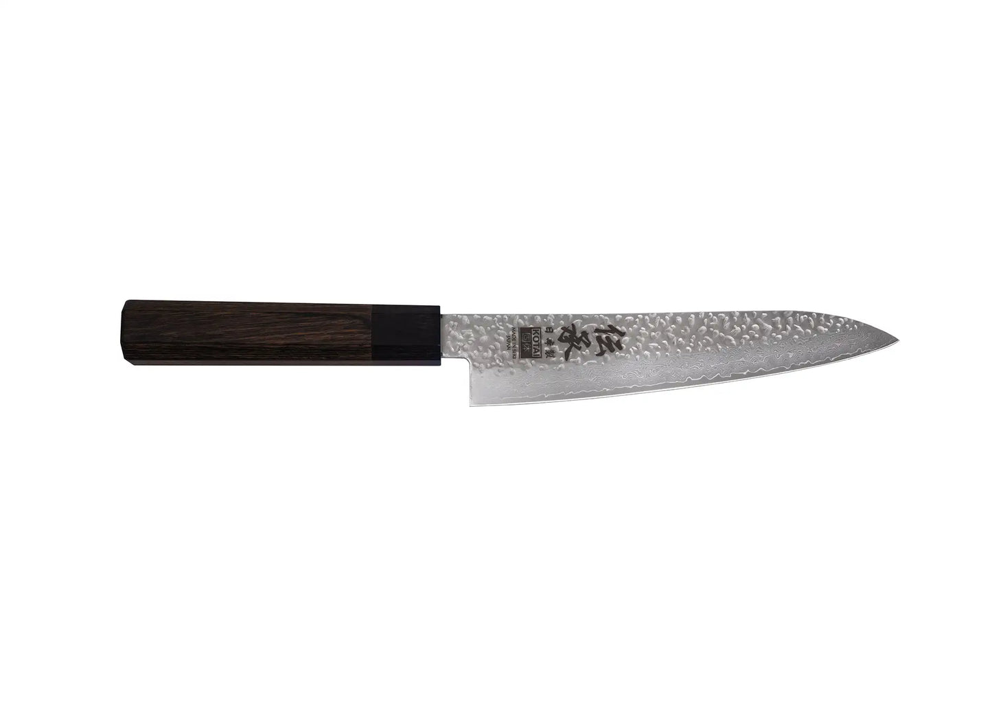 180 mm Gyuto knife with VG-10 Damascus blade and octagonal pakkawood handle.