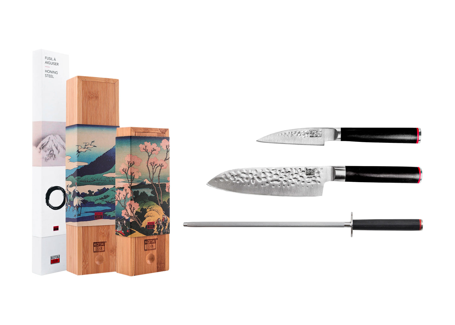 3-Piece Pakka knife set with Japanese 440C steel blades.