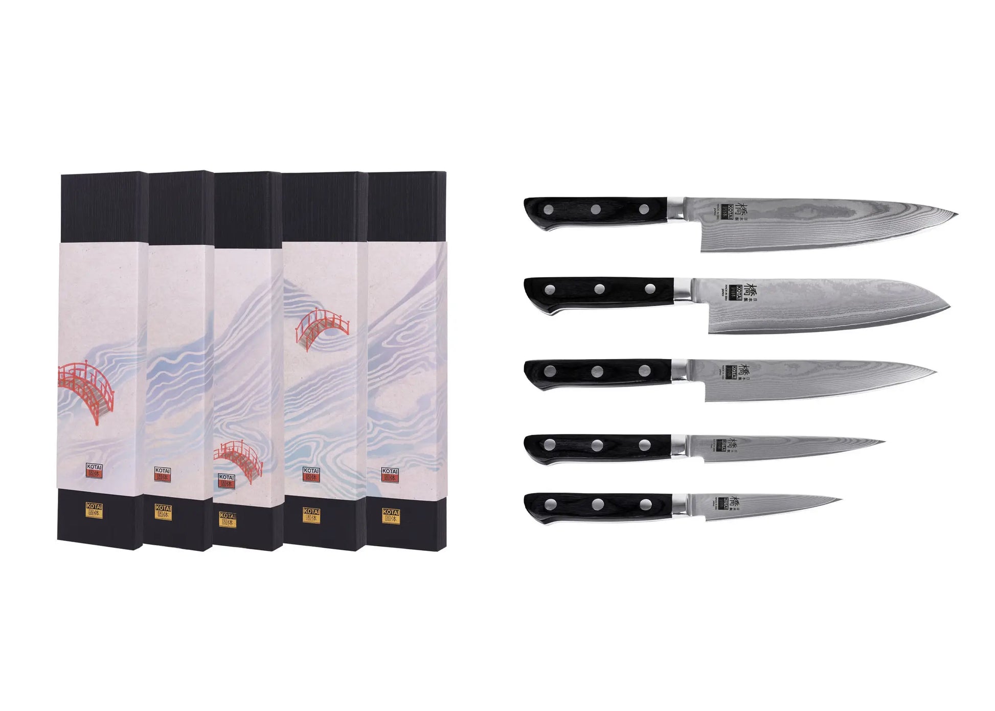 5-Piece Hashi Damascus knife collection with layered MVS10Cob steel blades.