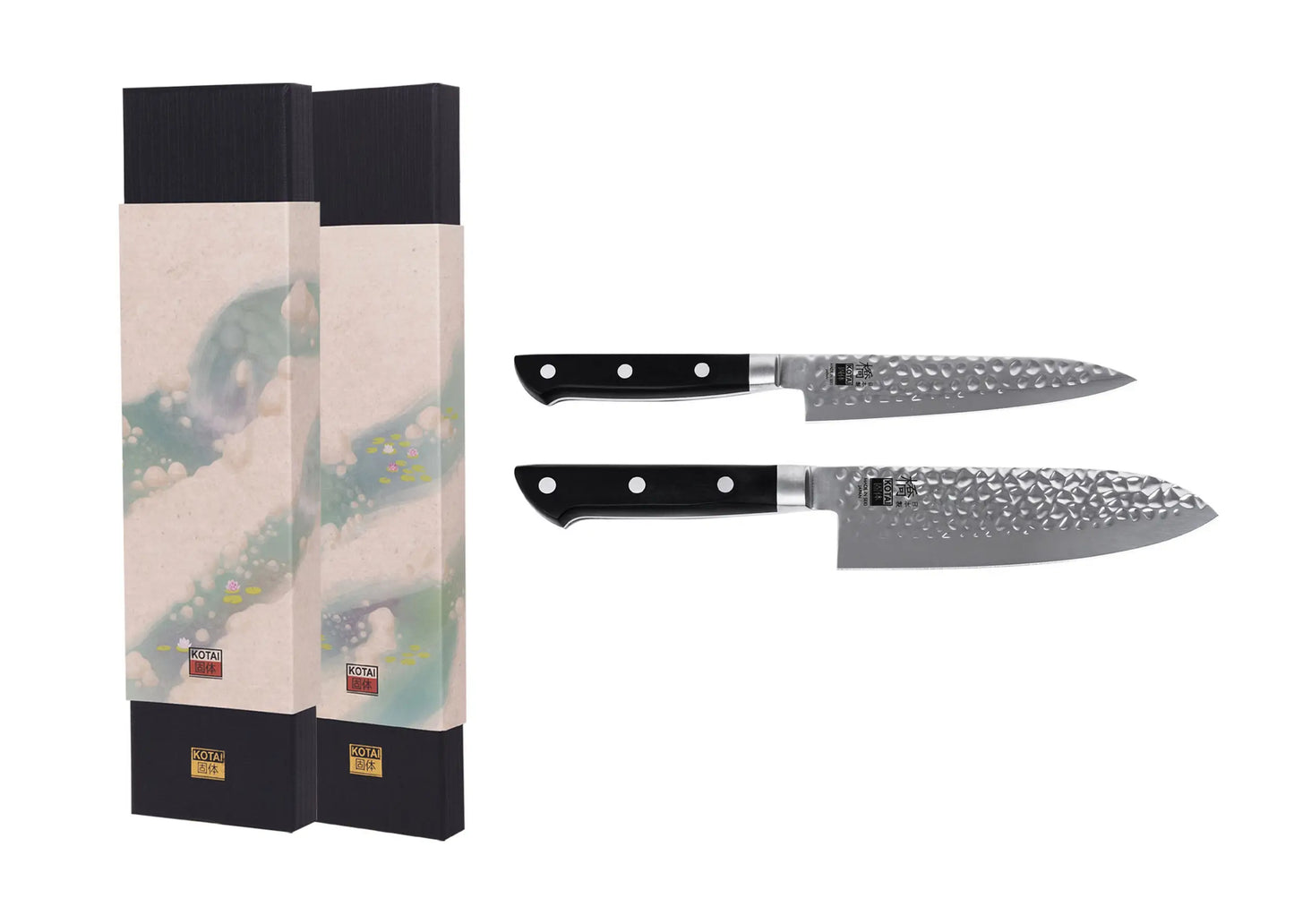 2-Piece Hashi Tsuchime knife set with hammered stainless blades and ABS handles.