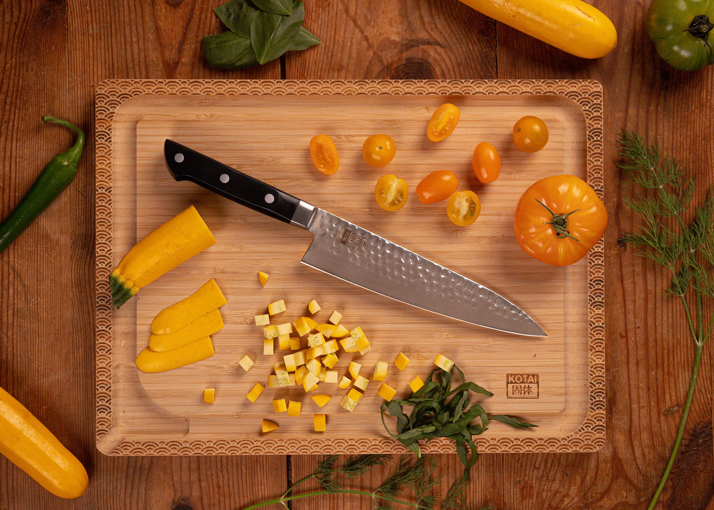 Full Hashi Tsuchime knife collection with hammered stainless blades and ABS handles.