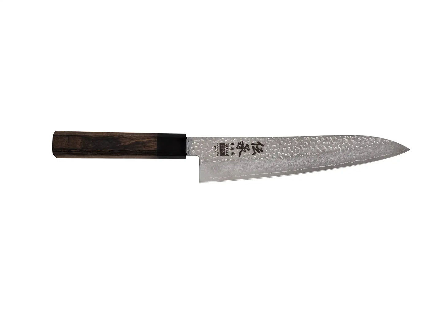 210 mm chef Gyuto knife with VG-10 Damascus blade and pakkawood handle.