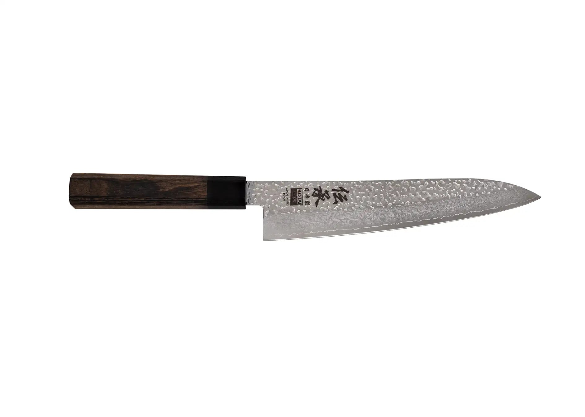 210 mm chef Gyuto knife with VG-10 Damascus blade and pakkawood handle.