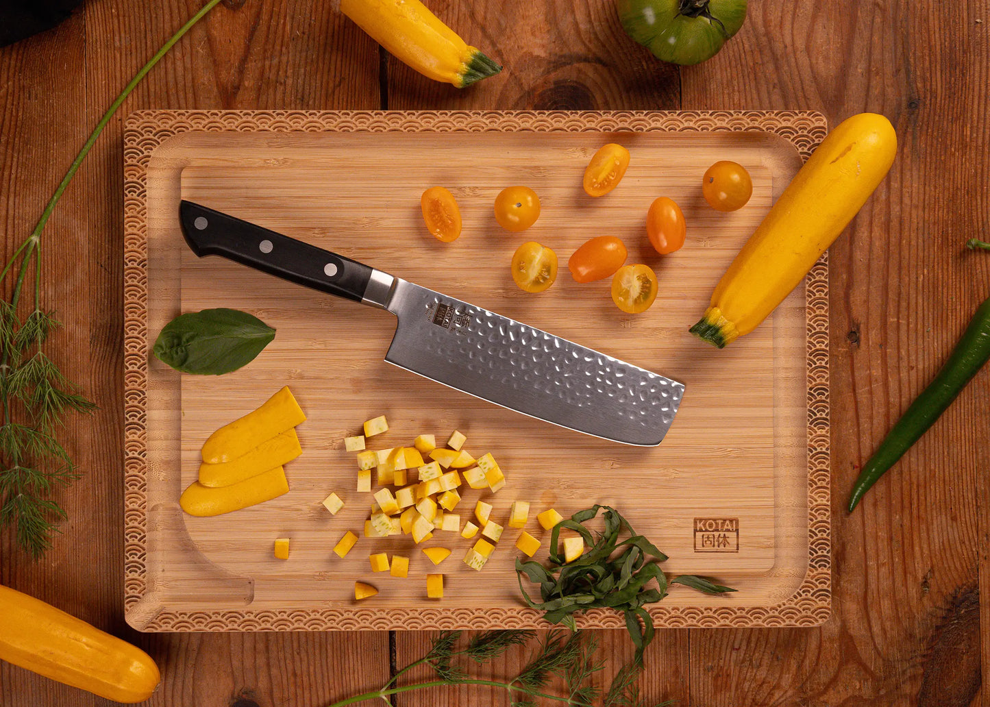 Full Hashi Tsuchime knife collection with hammered stainless blades and ABS handles.