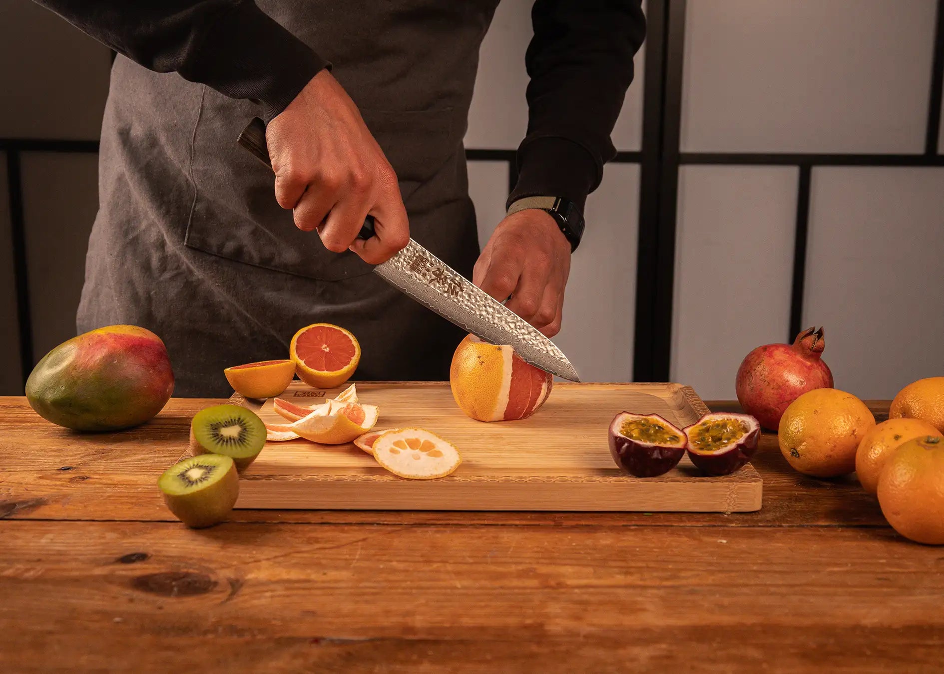 180 mm Gyuto knife with VG-10 Damascus blade and octagonal pakkawood handle.