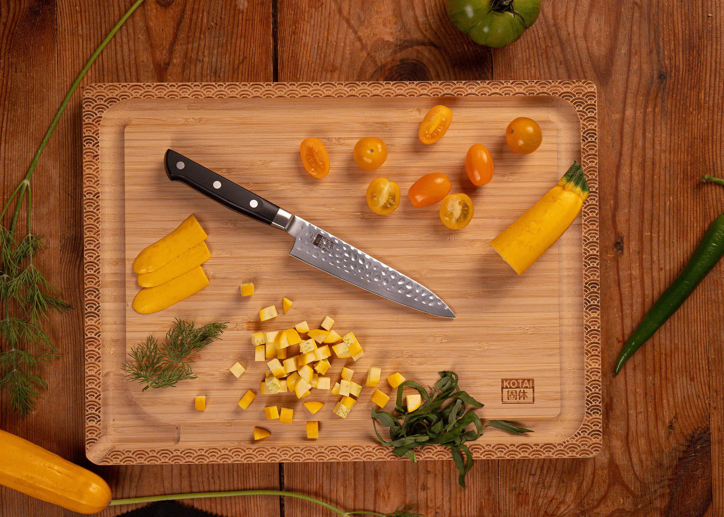 Full Hashi Tsuchime knife collection with hammered stainless blades and ABS handles.