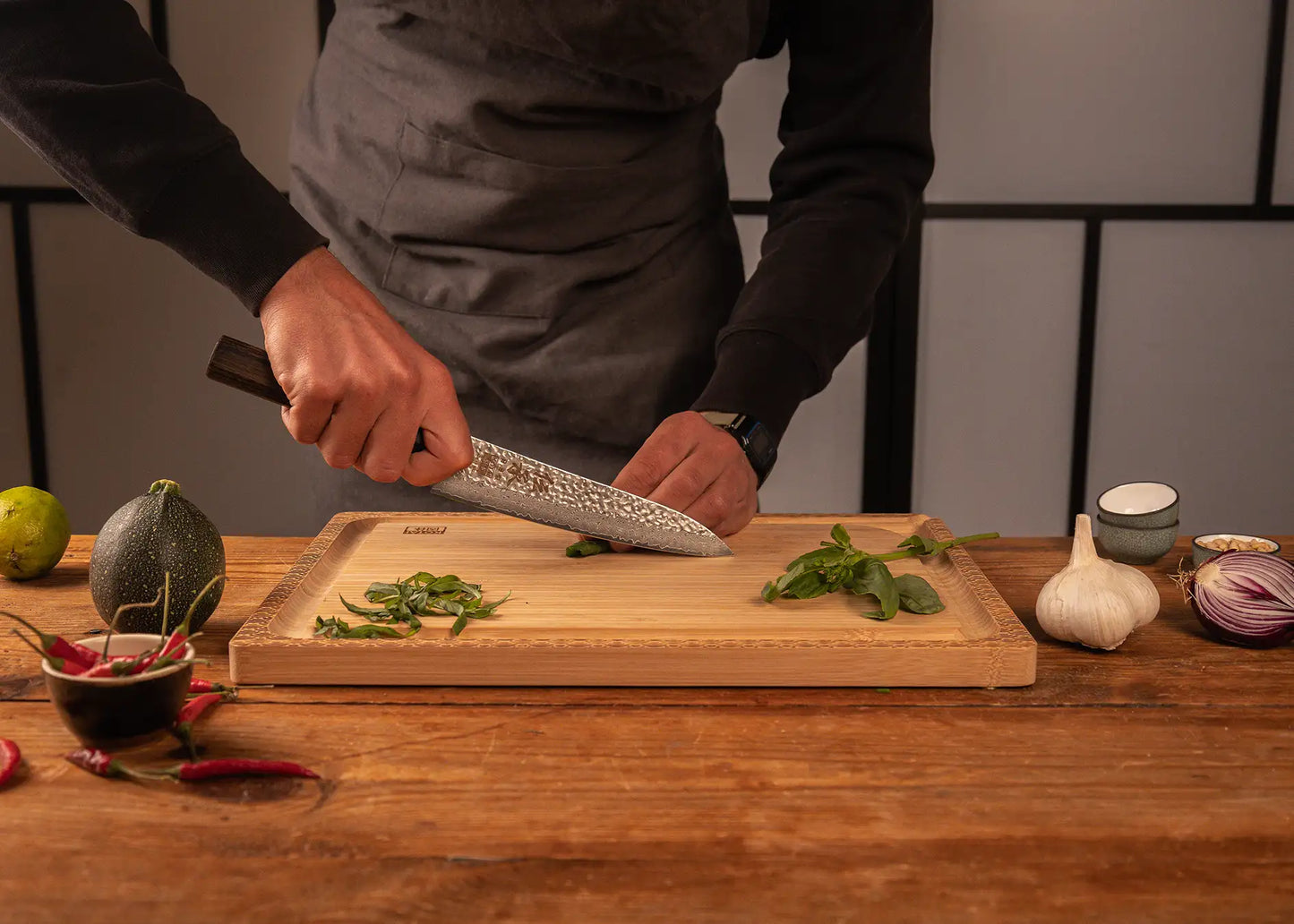 180 mm Gyuto knife with VG-10 Damascus blade and octagonal pakkawood handle.